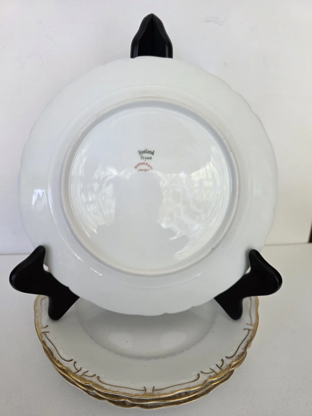 Vintage Haviland France White Porcelain Salad Plates with Gold Scalloped Edge.